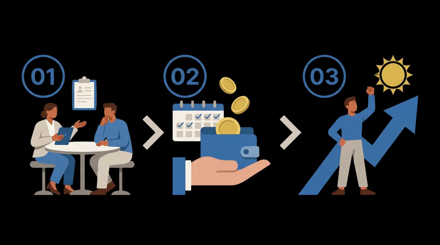 재무상담, 이자 지원, 금융회복 3단계 과정을 보여주는 일러스트